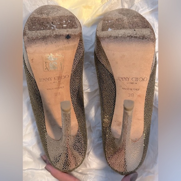 Jimmy Choo Gold Glitter Fabric And Embossed Leather Eros Platform Pump 38 - Picture 8 of 9